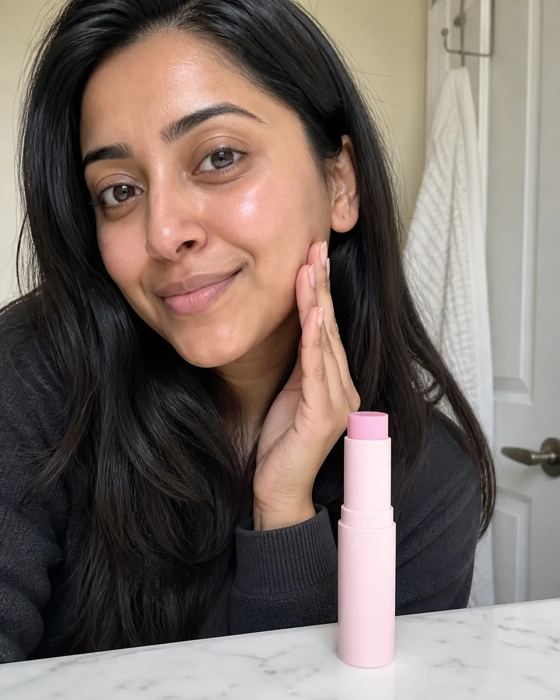 Clienta mostrando ELYUNEA Volume Balm en casa