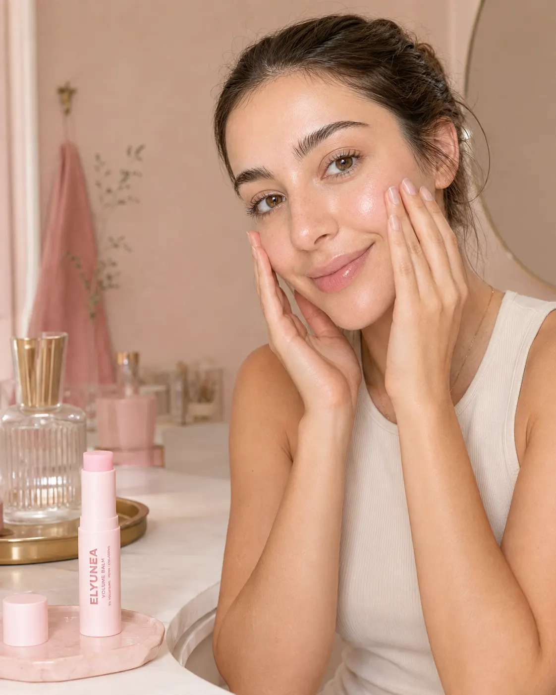 Mujer con piel luminosa junto a ELYUNEA Volume Balm